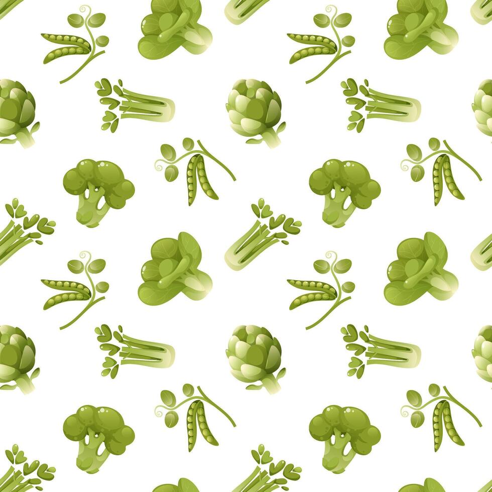 seamless pattern with green vegetables. Broccoli, green peas, celery, artichoke. Natural organic vegetables, raw healthy food. Pattern suitable for farmers market theme, kitchen ingredients. vector