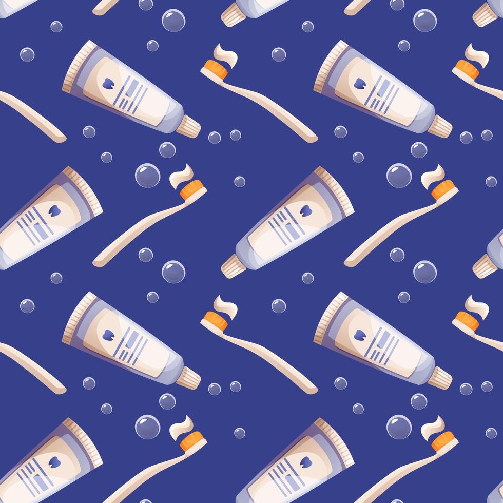 seamless pattern of toothpaste and toothbrush around bubbles and foam on blue background. Teeth cleaning, oral hygiene kit. Background for dental clinics, hygienist corporate identity. vector