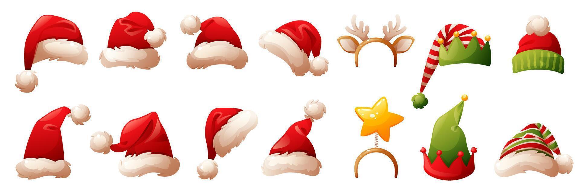 Big set of different red Christmas Santa Claus hats. Caps with white fur and pompoms, striped green and red elf hats, headband with star and deer antlers. hats for winter holiday decoration. vector