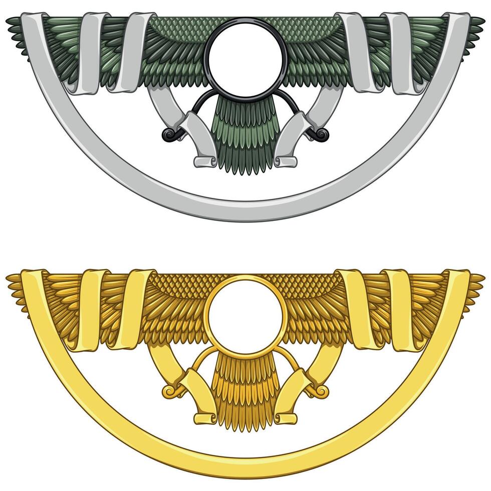 Faravahar symbol, symbol of Zoroastrian religion, winged sun disk surrounded with ribbon vector
