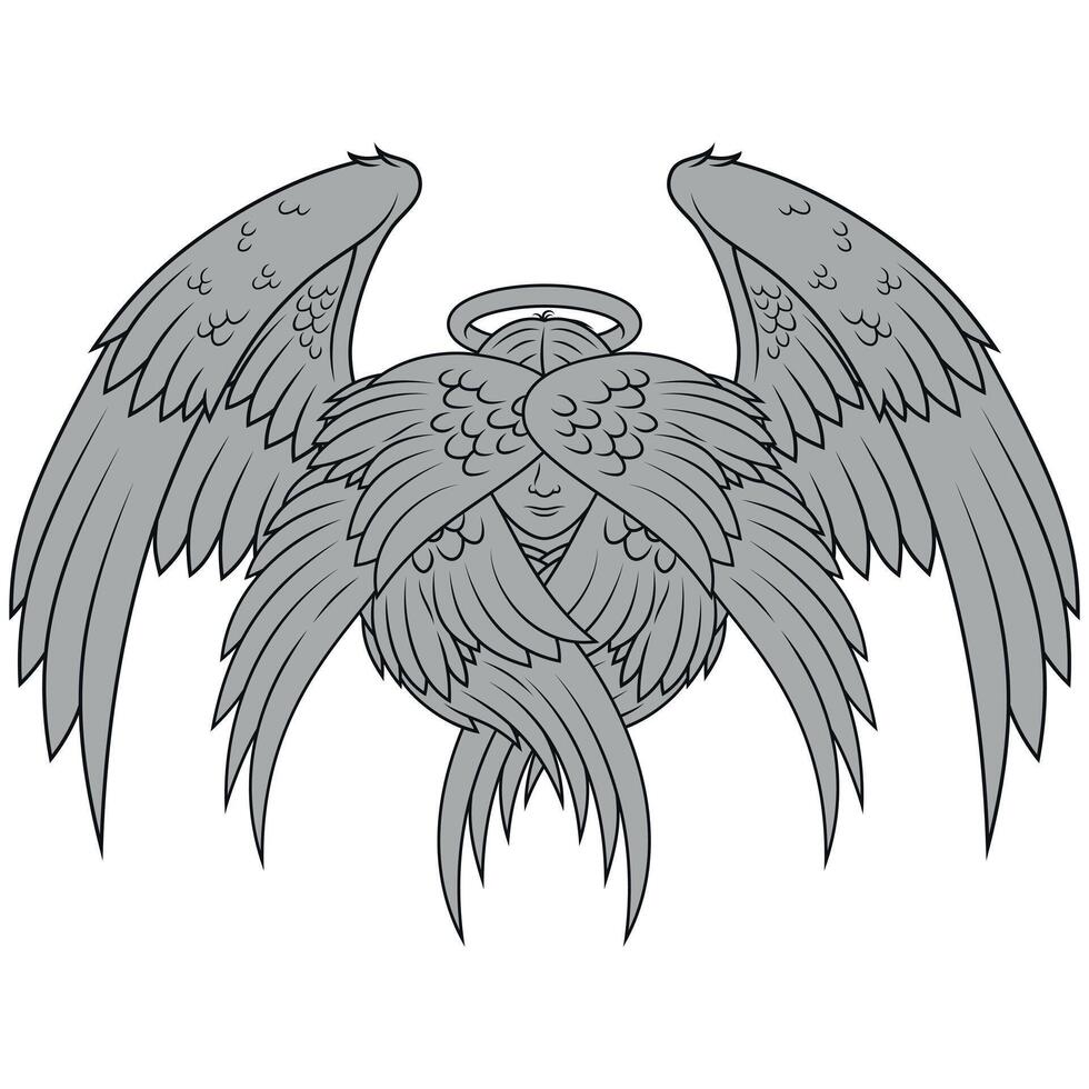 Seraph with six wings, angelic face of the Catholic religion, archangel with halo and feathers vector