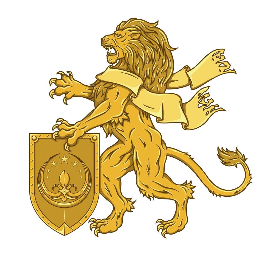 Rampant lion with ribbon and shield from medieval age, heraldic feline of European royalty vector