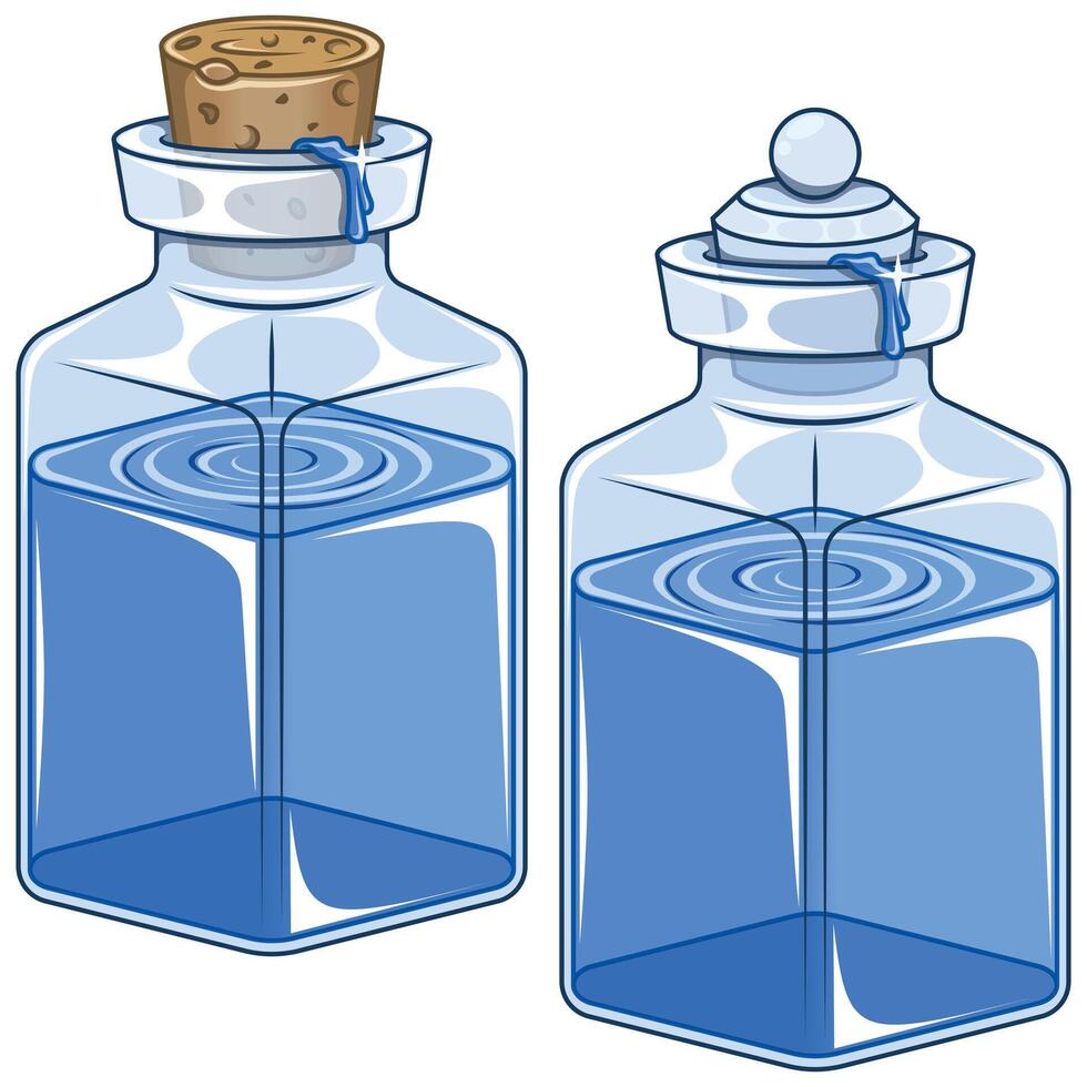 Glass bottle of liquid substances, magic potion containers with cork, Glass bottle with mineral water vector