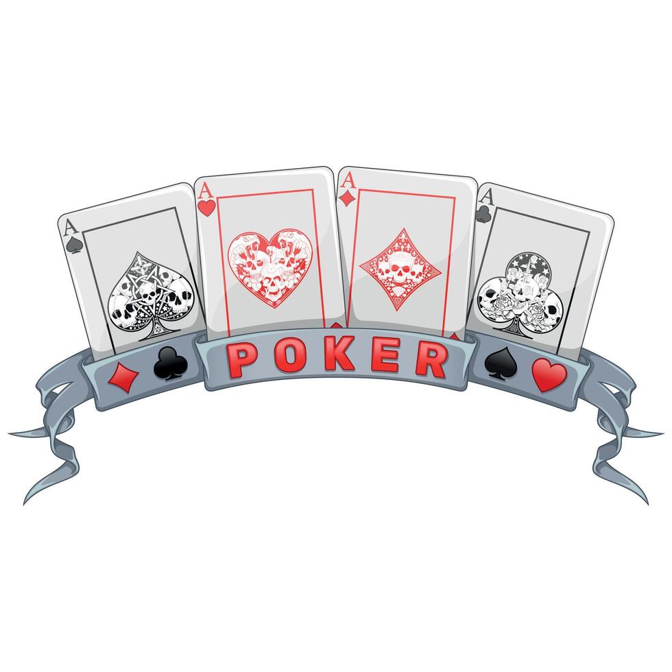 Poker cards surrounded with a ribbon, poker symbols of heart, diamond, club and ace with different skull designs vector