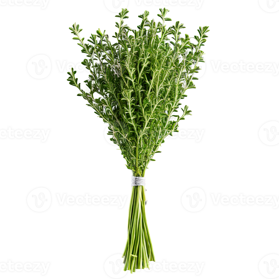 Thyme fresh sprigs arranged in a bouquet soft focus side view delicious details showcasing textures png