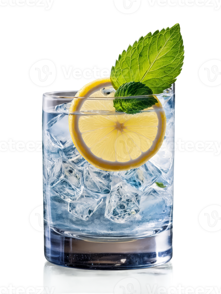Icelandic Tectonic Gin in shot glass accompanied by slice of lemon and sprig of green png