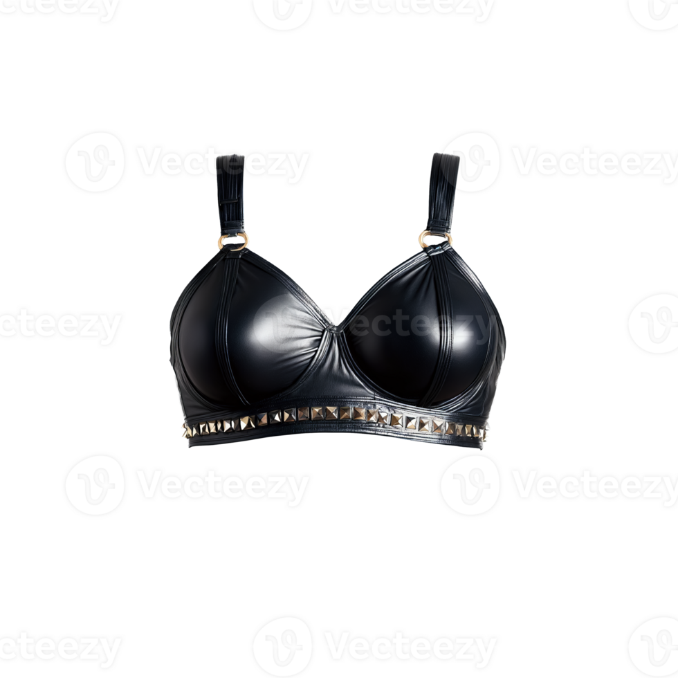 Edgy leather bralette with studded details rocking out grungy textures rebellious attitude png