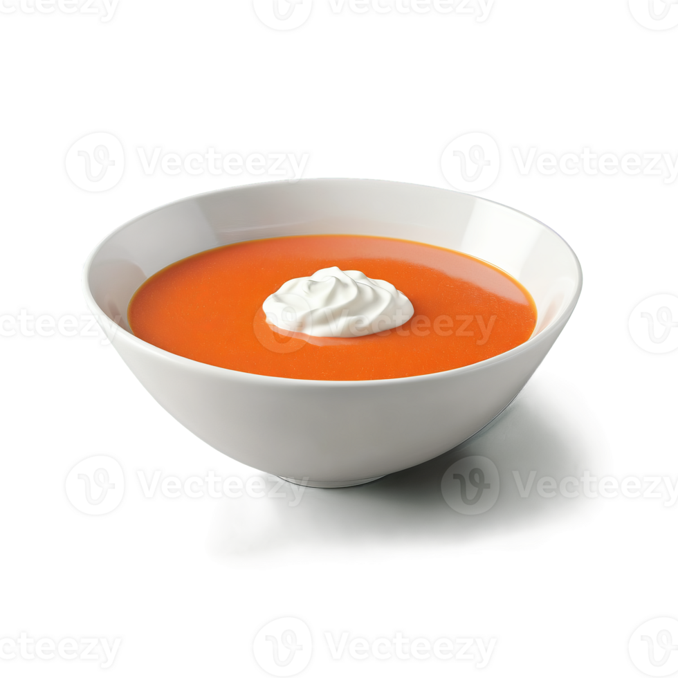 Chilled gazpacho soup in a white bowl garnished with a dollop of sour cream Summer png