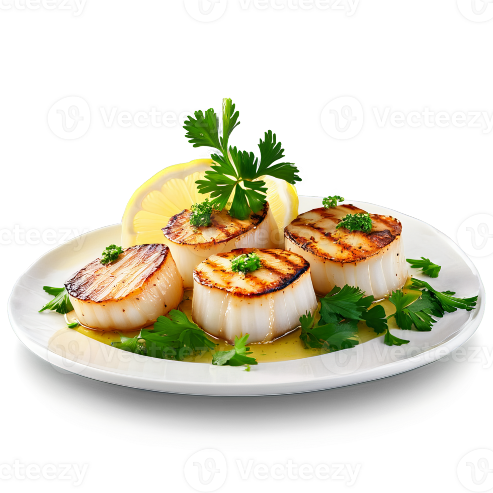 Grilled scallops with golden sear lemon wedge and parsley garnish wisps of steam rising isolated png