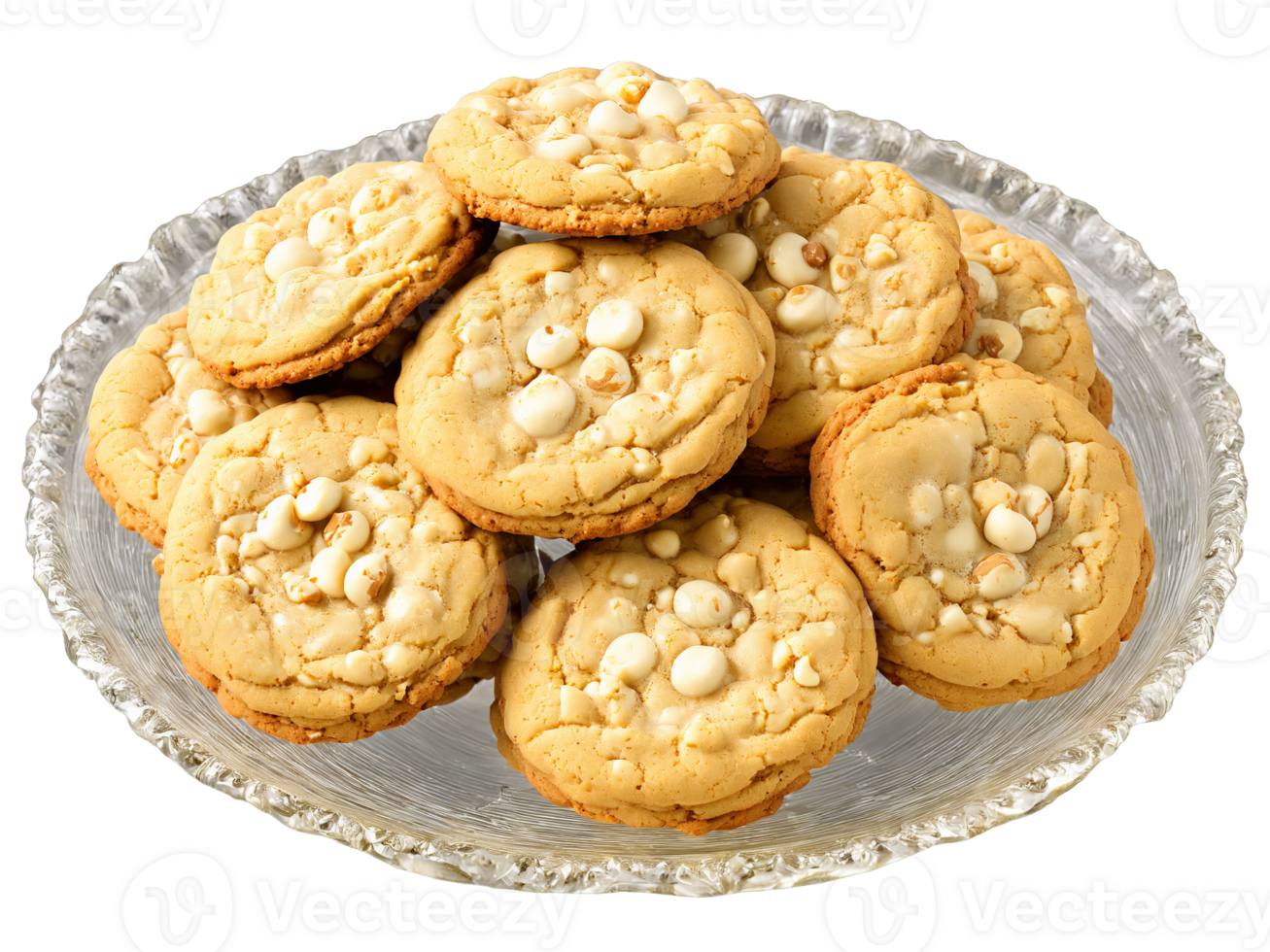 Cookies white chocolate macadamia nut chunky and loaded on a transparent glass dish rich png