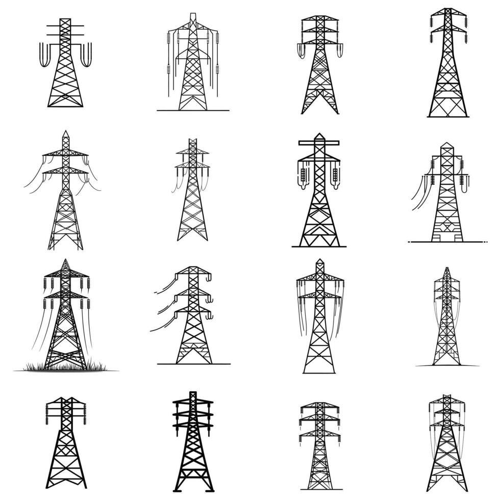 Collection of Electrical Transmission Tower Silhouettes and Power Line Structures vector