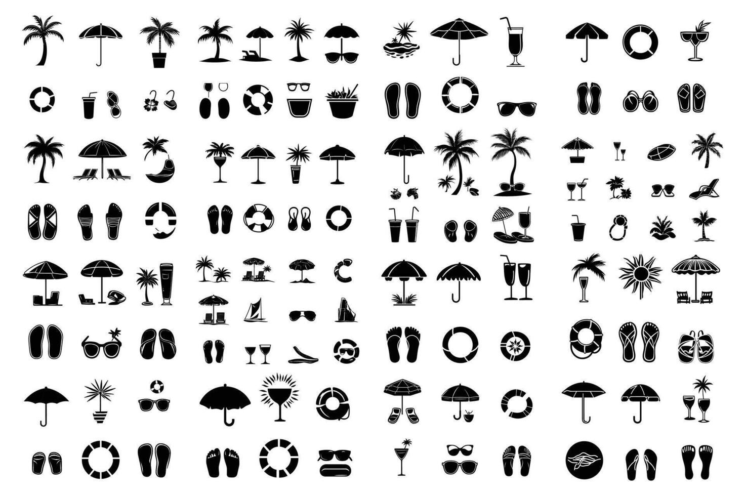 Beach Vacation Silhouette Icons Collection - Palm Trees, Umbrellas, Flip-Flops, Lifebuoys, Tropical Drinks, and Summer Elements vector