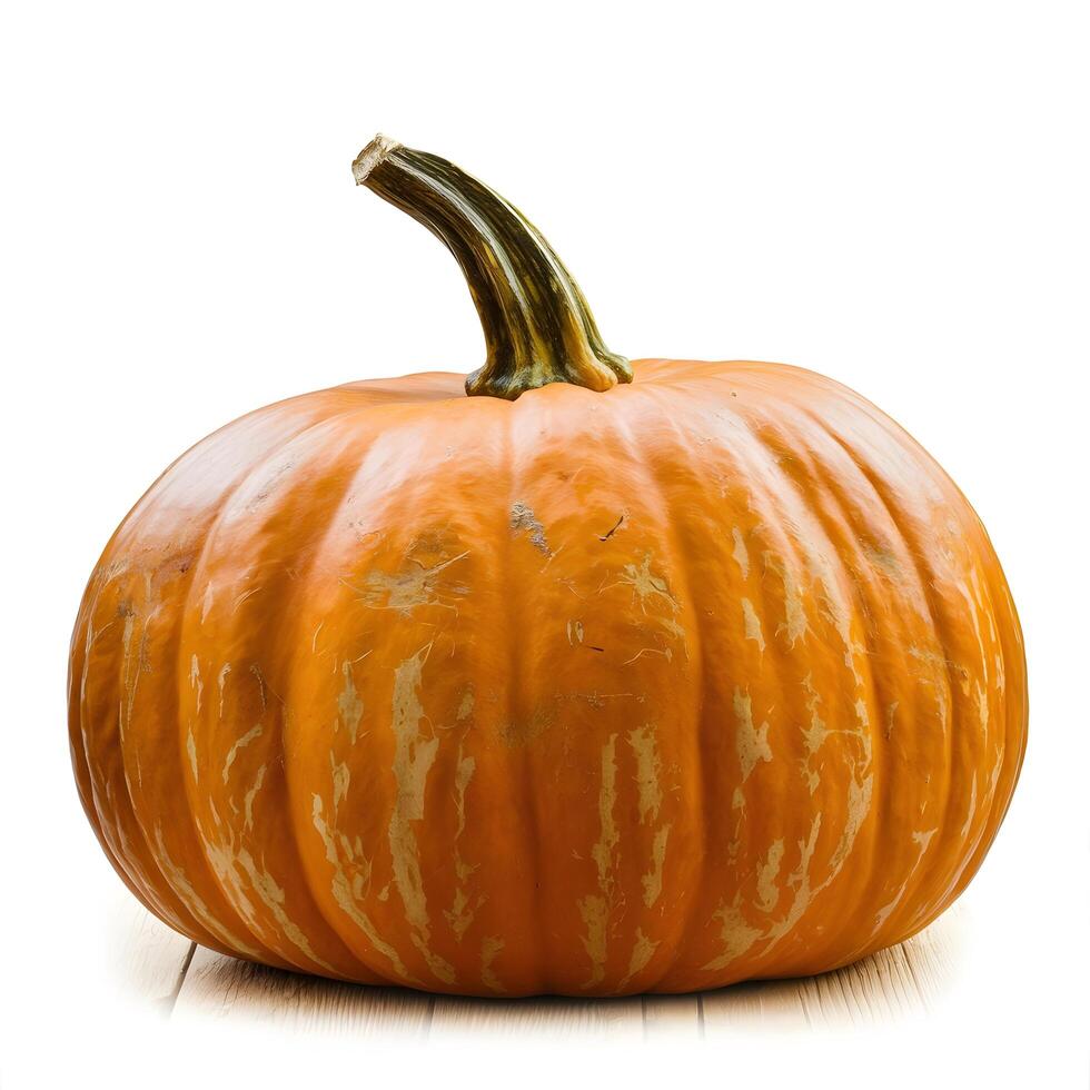 A large pumpkin is sitting on a wooden table photo