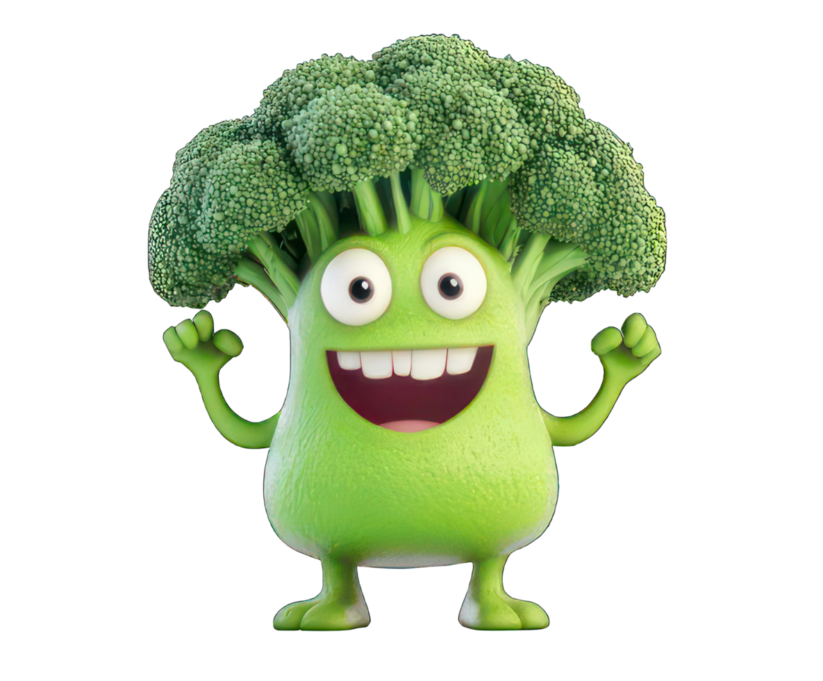 A cartoon broccoli character with a big smile png