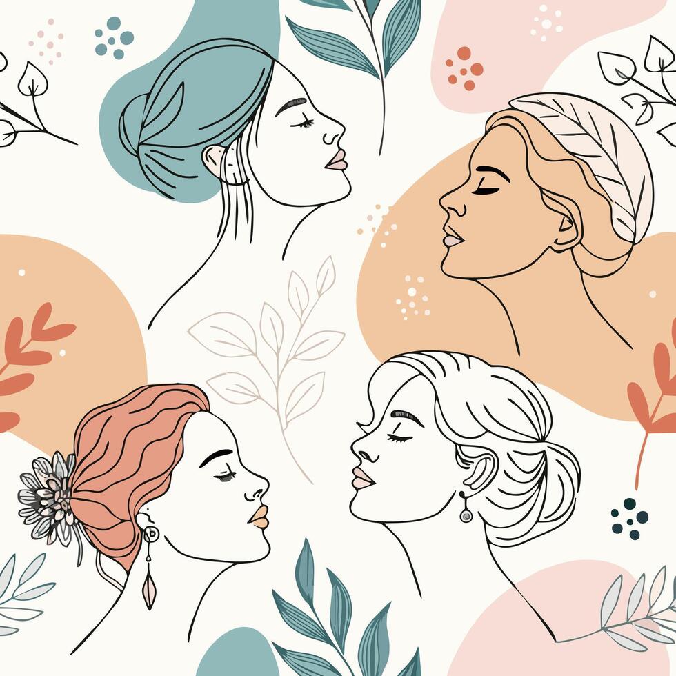 Elegant female profiles and delicate floral ornaments in a seamless pattern, evoking a tranquil and harmonious atmosphere ideal for wellness and beauty themes vector