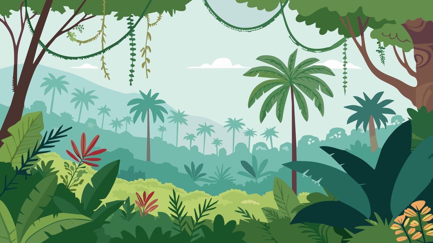 Serene and vibrant tropical rainforest scenery with lush vegetation, palm trees, and exotic plants vector