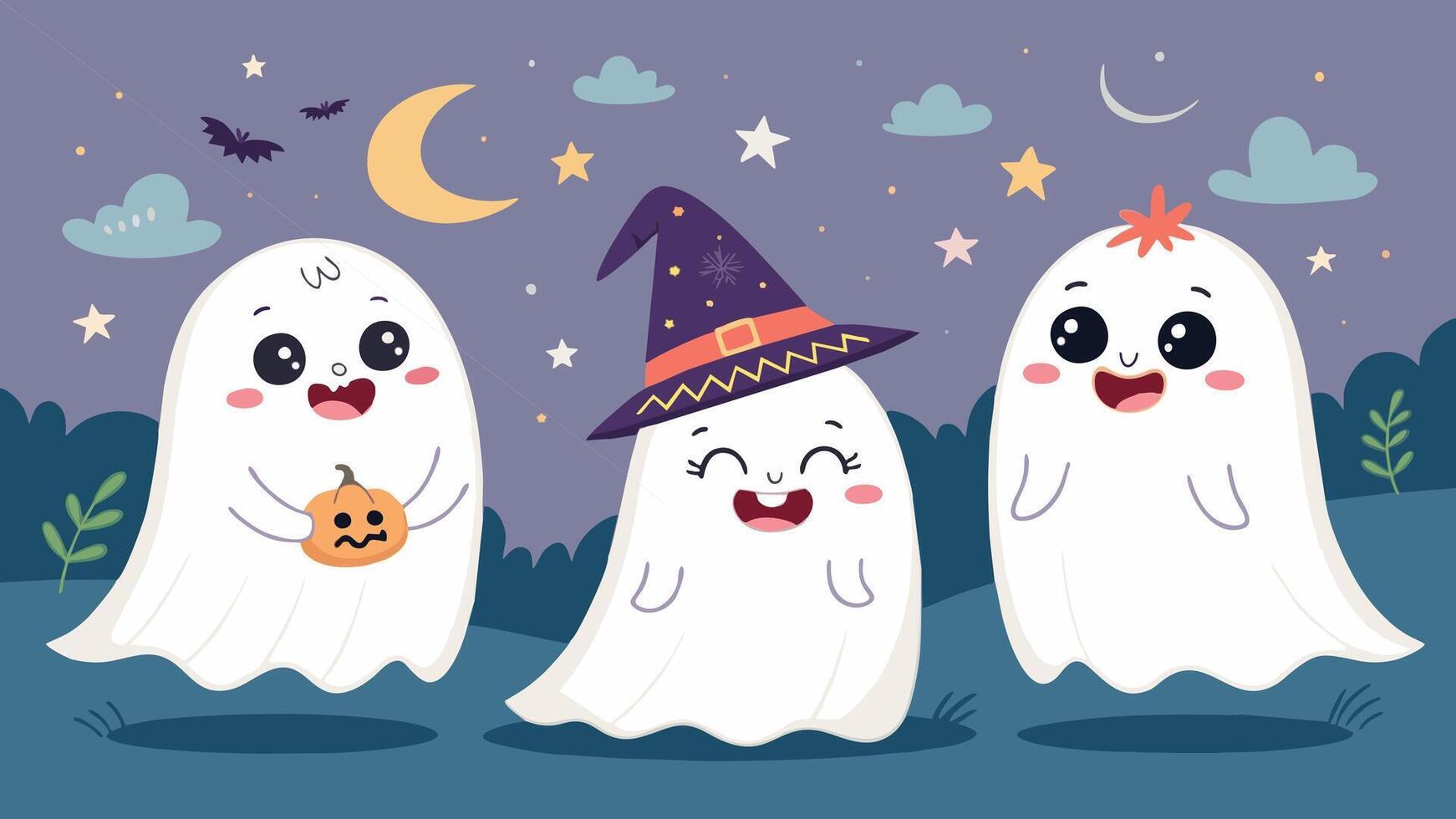 Three adorable little ghosts enjoying halloween night in a spooky landscape with a crescent moon and stars vector