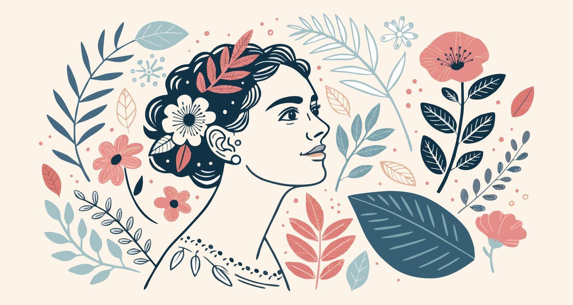 Profile of a woman surrounded by decorative flowers and leaves, symbolizing femininity, nature, and beauty vector