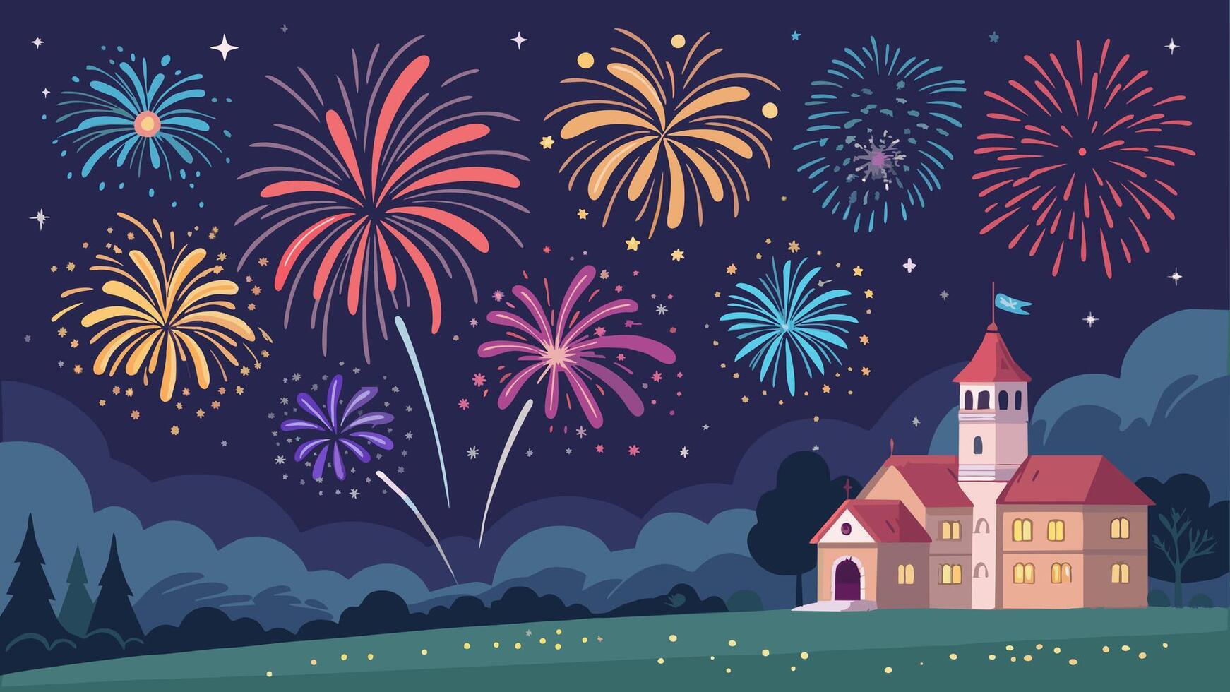 Colorful fireworks exploding in the night sky over a castle, celebrating a special event such as new year's eve or a national holiday vector
