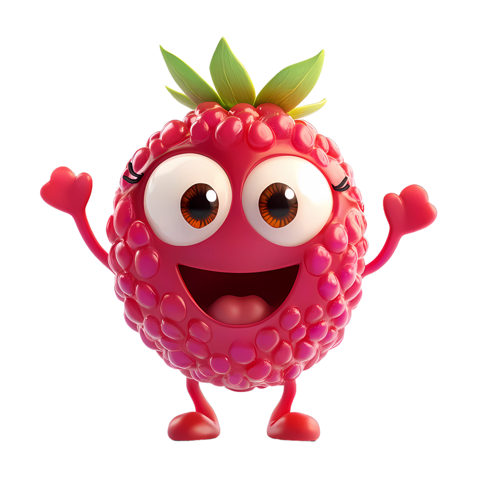 a cartoon raspberry character with eyes and arms on transparent background png