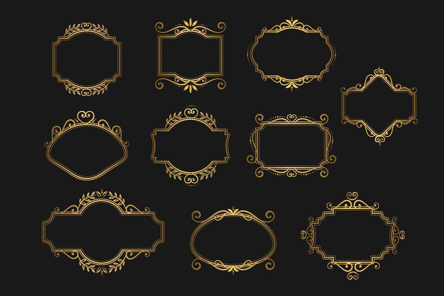 Elegant set of ornate gold vintage retro frames on black background. illustration vector