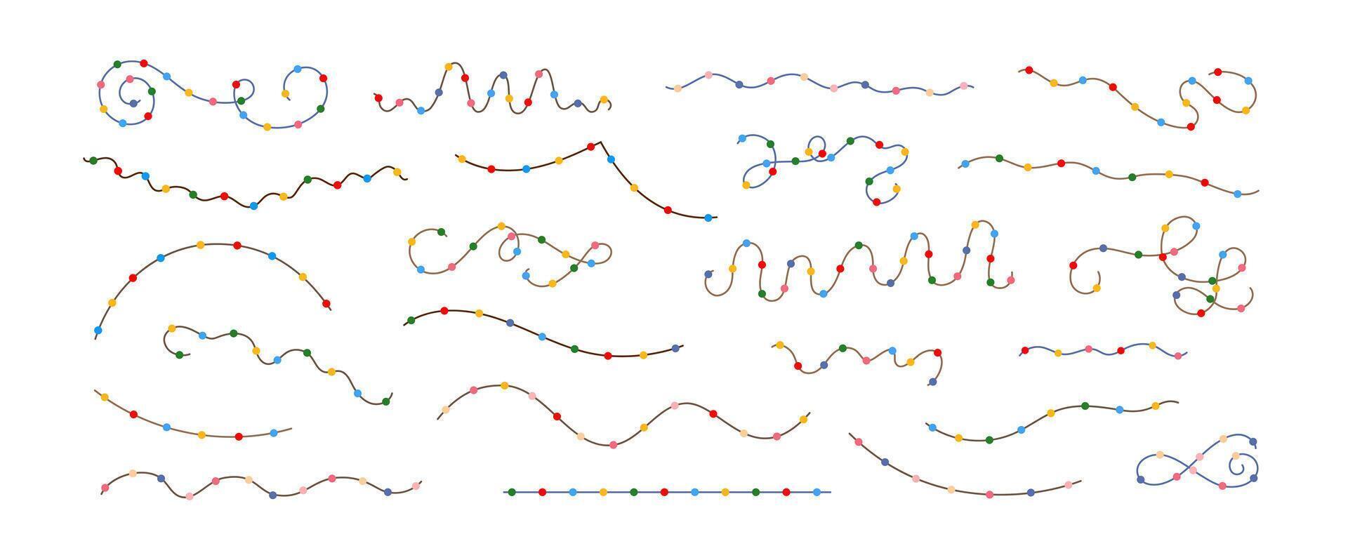Christmas colorful multicolored lights curly string garlands set simple doodle illustration, flat style cartoon image for winter New Year holiday, birthday events design vector