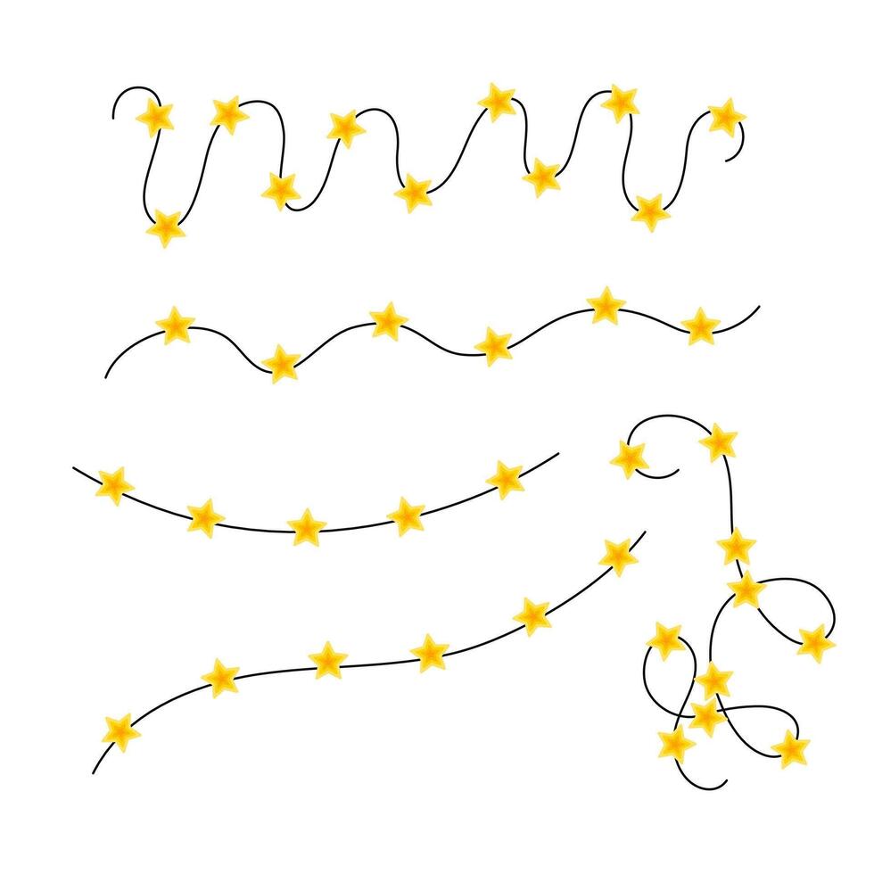 Bright yellow star lights garlands set on a curly string, drawn in a doodle style. Ideal for Christmas, New Year, or birthday event designs in flat, colorful, and festive style vector