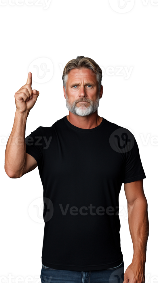 Older man in black t shirt pointing up png