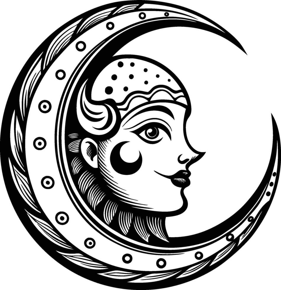 Crescent Moon with Human Face and Helmet - Black and White Woodcut-Style Celestial Illustration. Pro vector