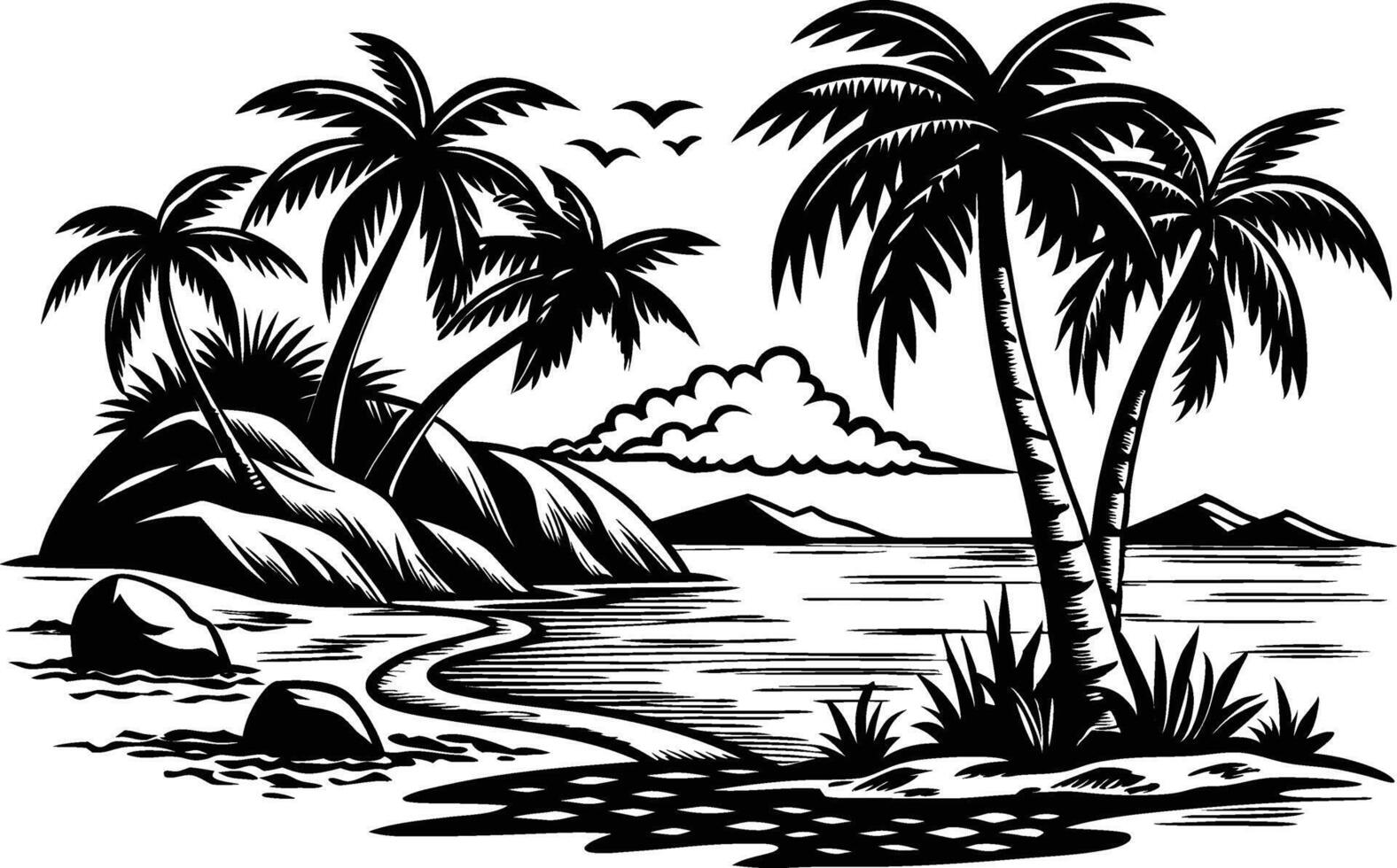 Black and White Engraving of Beach with Palm Trees and Sea Coastal illustration on Pro vector