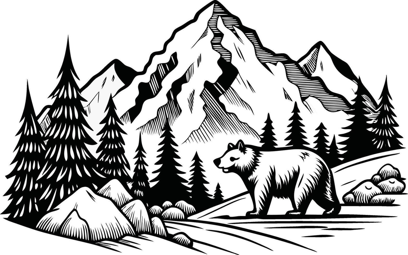 Bear in Mountain Wilderness - Black and White Woodcut-Style Illustration Pro vector