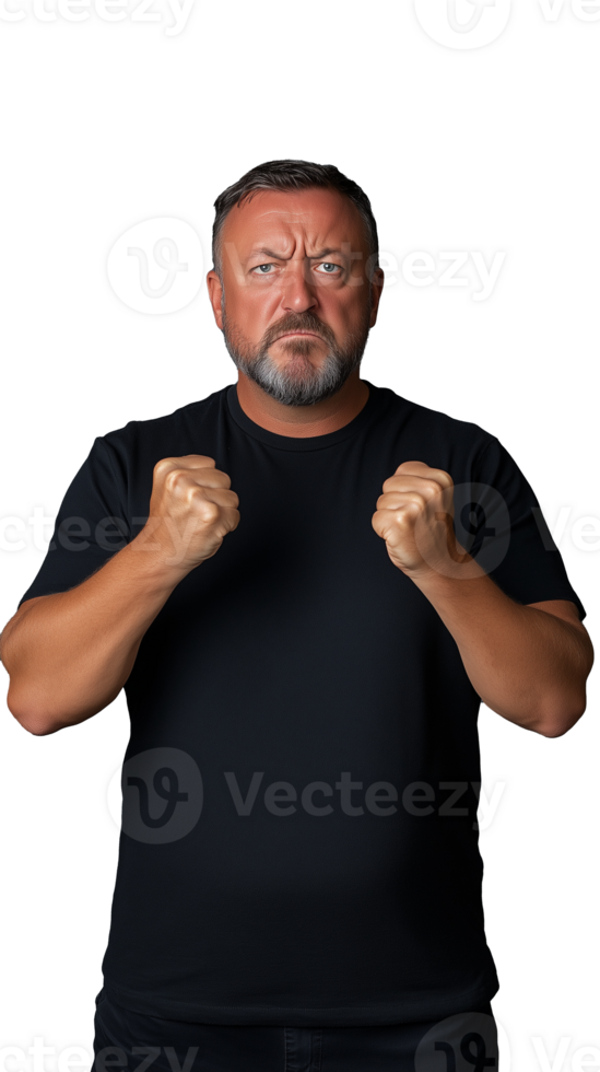 Older man in black t shirt with fists raised png
