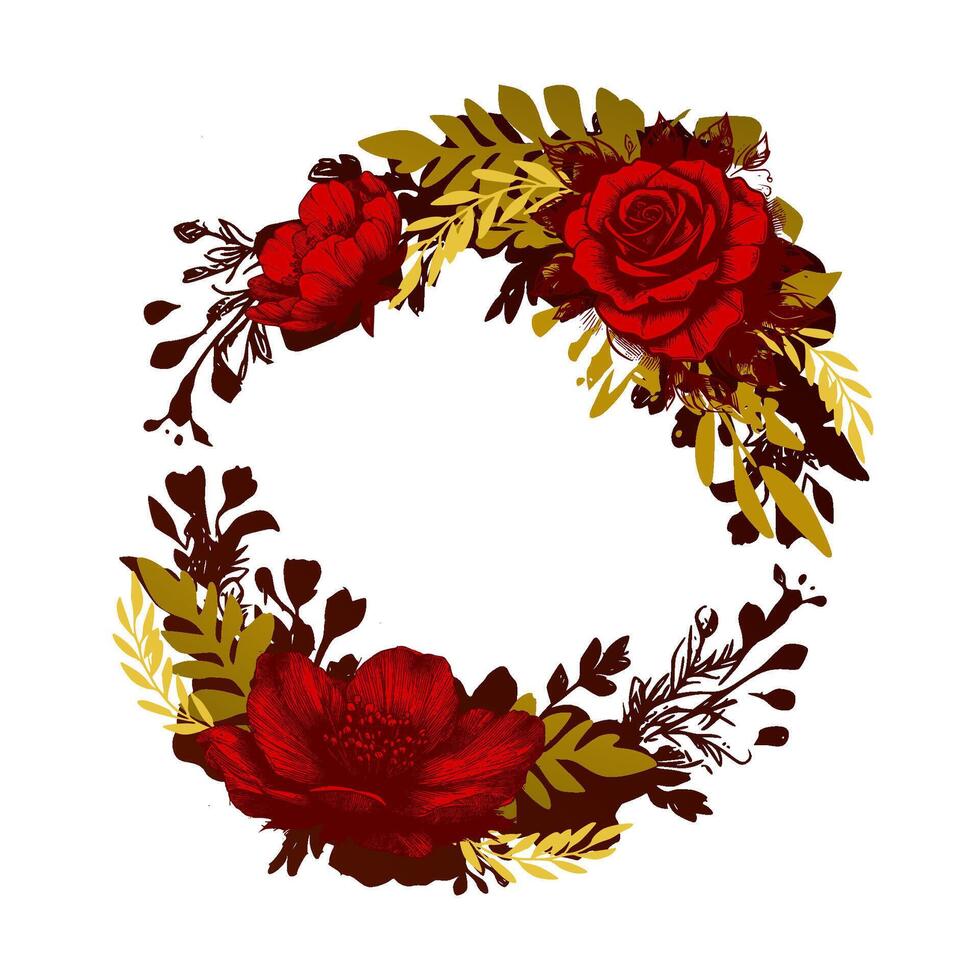 rose floral frame in red and gold vector