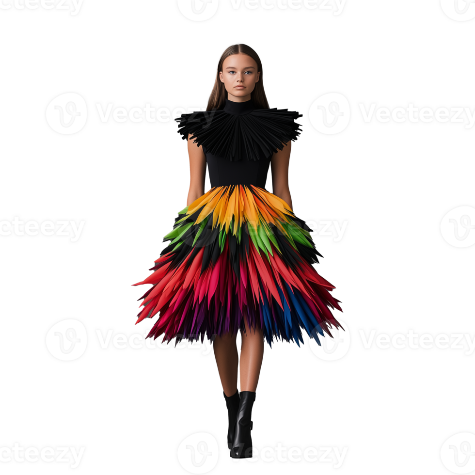 Fashionable woman in a vibrant multicolor fringe dress with a serious expression, isolated on a transparent background, symbolizing style and high fashion. png