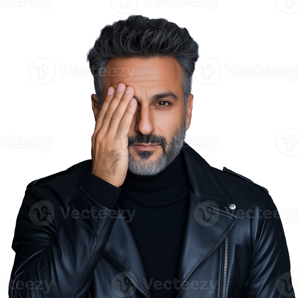 Man in black jacket covering one eye with hand, conveying mystery on a transparent background, representing fashion and intrigue. png