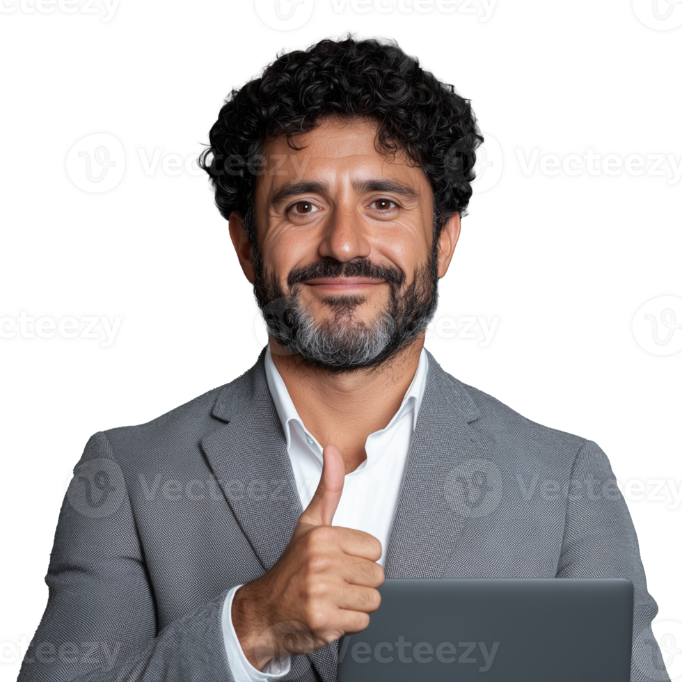 Smiling businessman with curly hair giving thumbs up, isolated on a transparent background, symbolizing positivity and approval. png