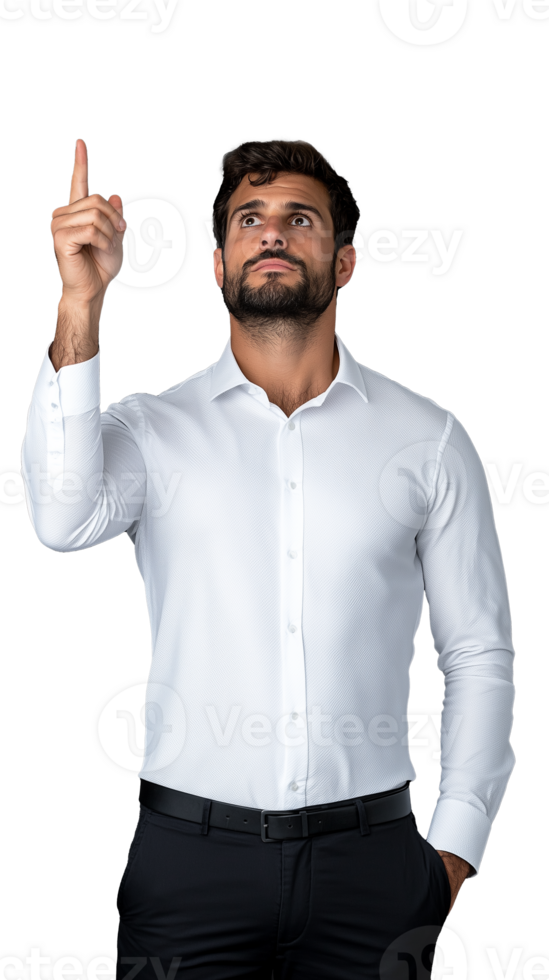 Man in white shirt pointing upward with serious expression, isolated on a transparent background, ideal for themes of focus and attention. png