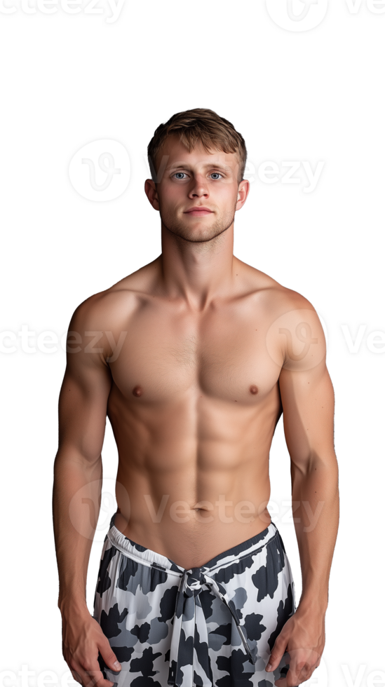 Fit young man shirtless in camo shorts, displaying athletic physique, isolated on a transparent background, representing fitness and health. png