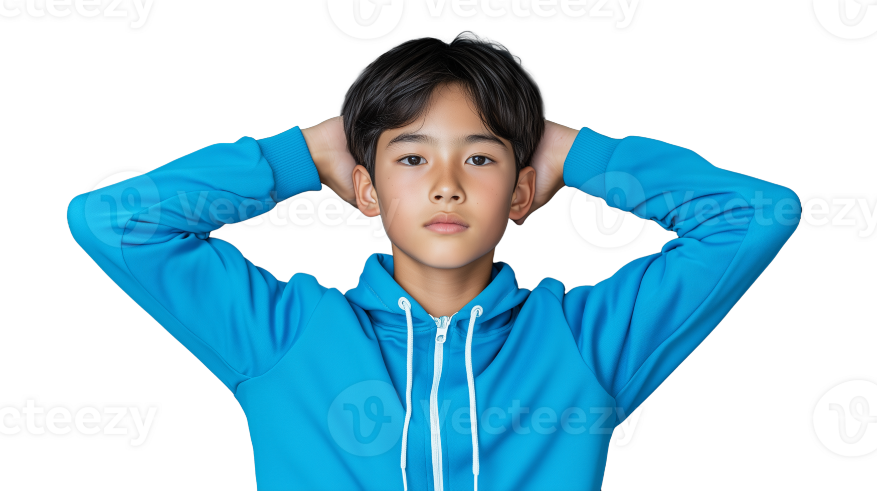 Young boy in blue hoodie resting his hands behind his head, isolated on a transparent background, expressing relaxation and confidence. png