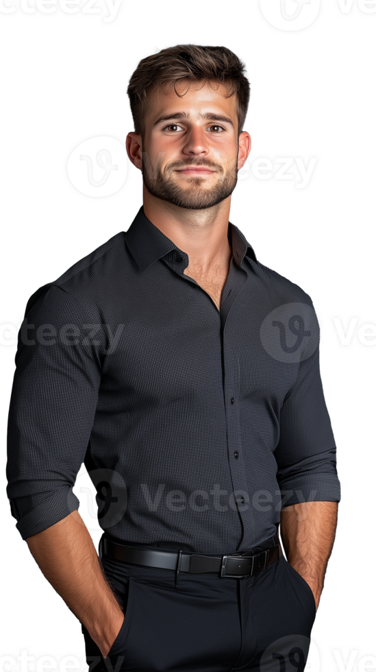 Young man in dark shirt with muscular build, posing confidently on a transparent background, symbolizing strength and masculinity. png