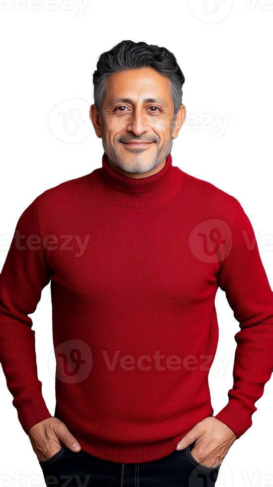 Confident man in red sweater with hands in pockets, isolated on a transparent background, embodying style and approachability. png