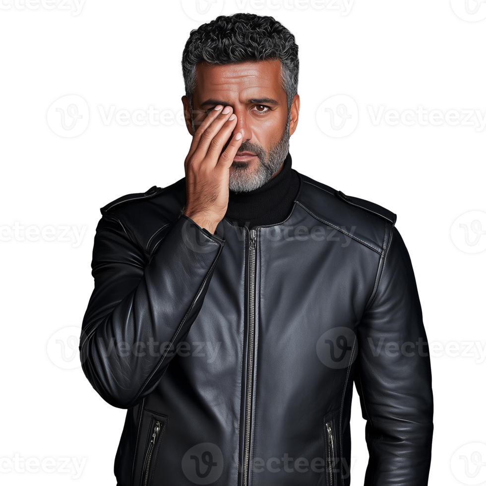 Man in black leather jacket with hand over one eye, expressing mystery and confidence, isolated on a transparent background, symbolizing intrigue and style. png