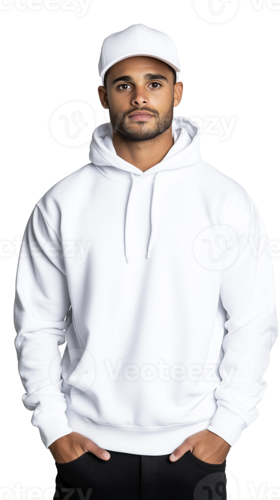 Man in white hoodie and cap standing casually, looking at the camera on a transparent background, representing streetwear and modern casual fashion. png