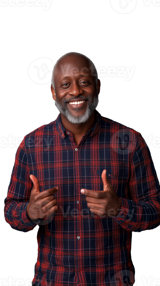 Cheerful man in plaid shirt pointing with both hands, isolated on a transparent background, showing positivity and friendliness. png
