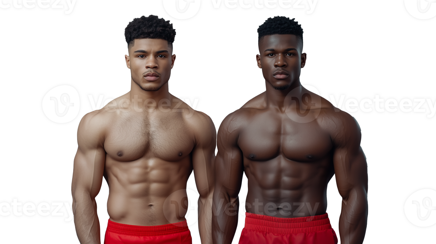 Two young men with muscular builds wearing red shorts, posing confidently on a transparent background, representing fitness and strength, ideal for sports and athletic themes. png