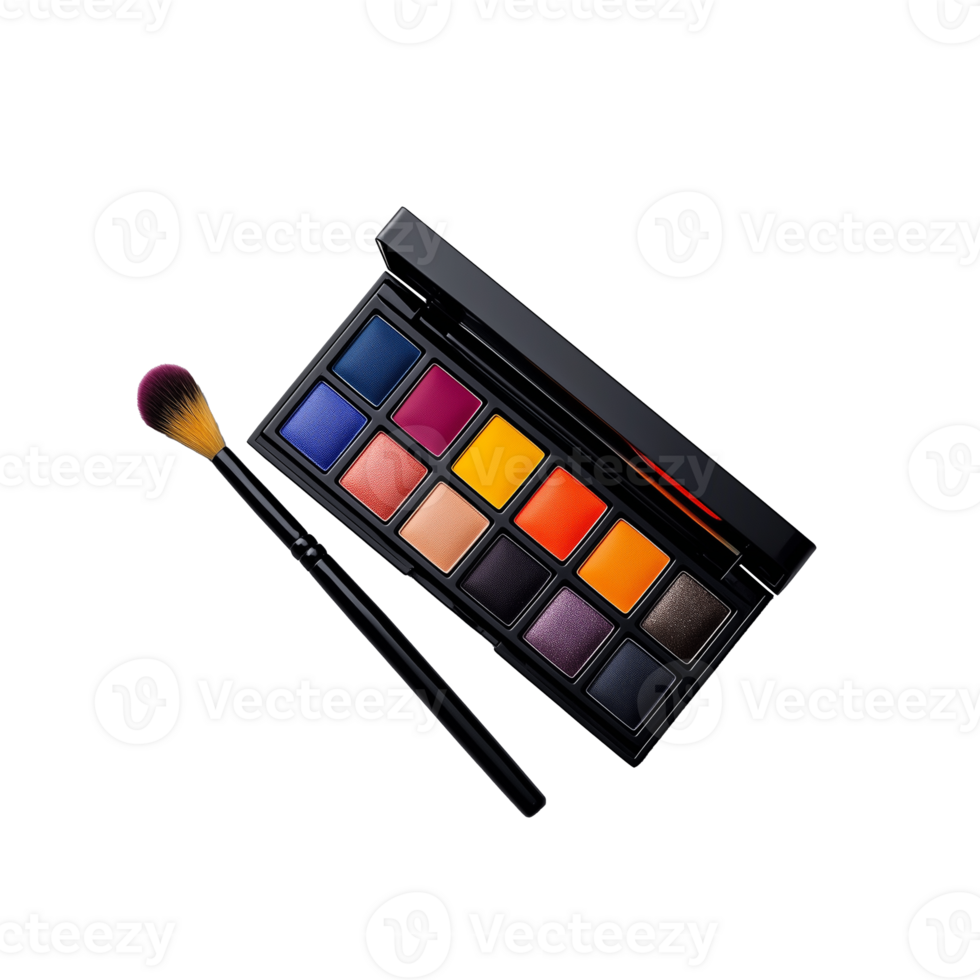 Colorful eyeshadow palette with brush, ideal for makeup enthusiasts and beauty applications, displayed on a transparent background. png