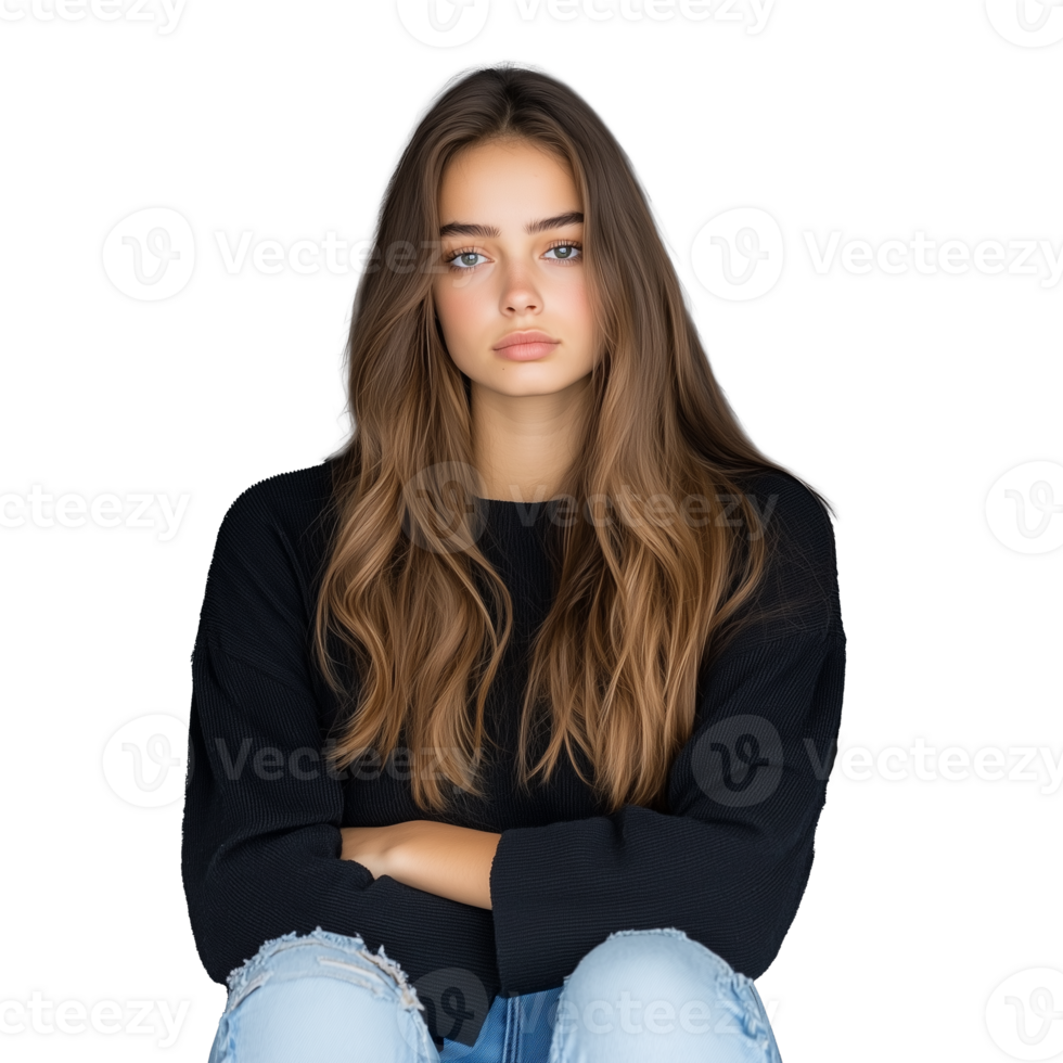 Thoughtful young woman with long hair in casual sweater, isolated on a transparent background, expressing contemplation and calm. png