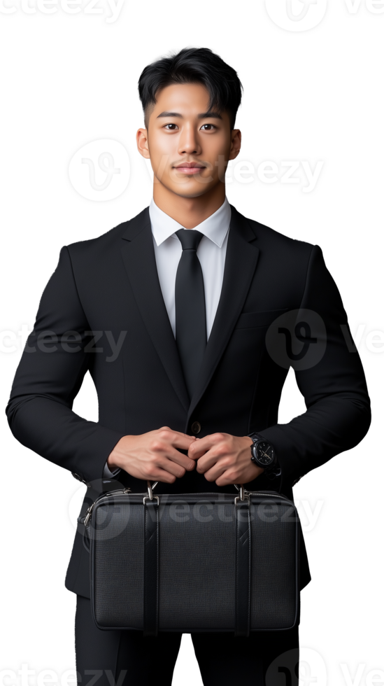 Confident young businessman in a suit with briefcase, isolated on a transparent background, representing professionalism and ambition. png