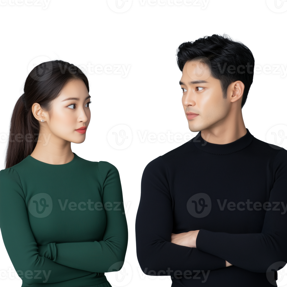 Serious young couple in dark outfits facing each other with arms crossed, isolated on a transparent background, showing determination and attitude. png