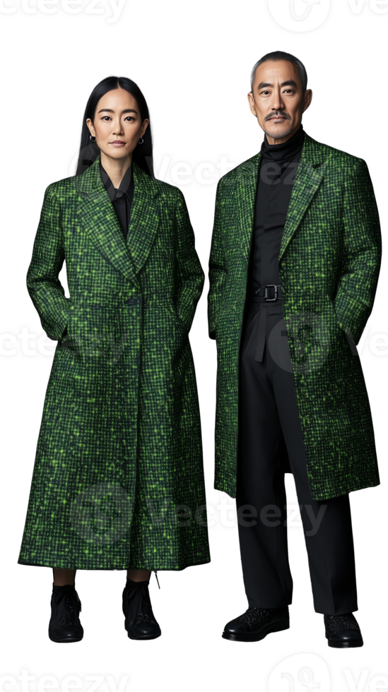 Fashion forward couple in matching green coats standing side by side, showcasing coordinated style on a transparent background. png